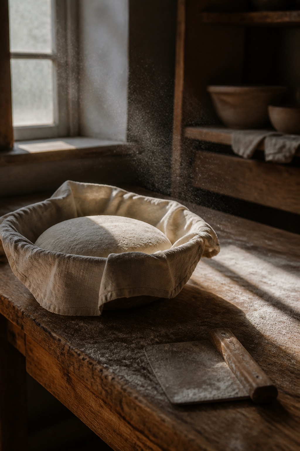 Early-morning bakery bench with resting dough, linen, and flour in the window light. Staged photograph for this template.